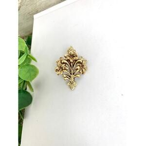 Vintage Gold Tone Floral Cross Brooch Pin Signed Religious Romantic Jewelry
